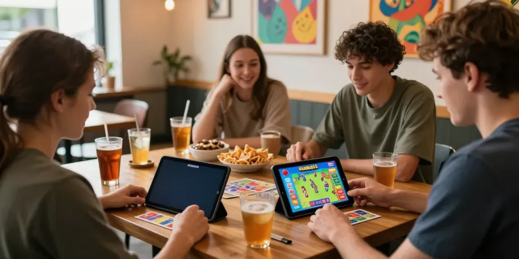 Young adult playing Rumble Rummy on a smartphone at a café table with friends.