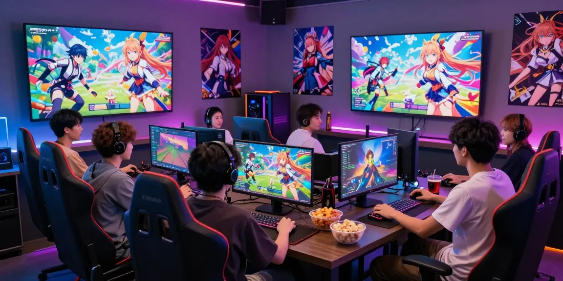 Engaging scene with players enjoying hentai games in a colorful gaming room.