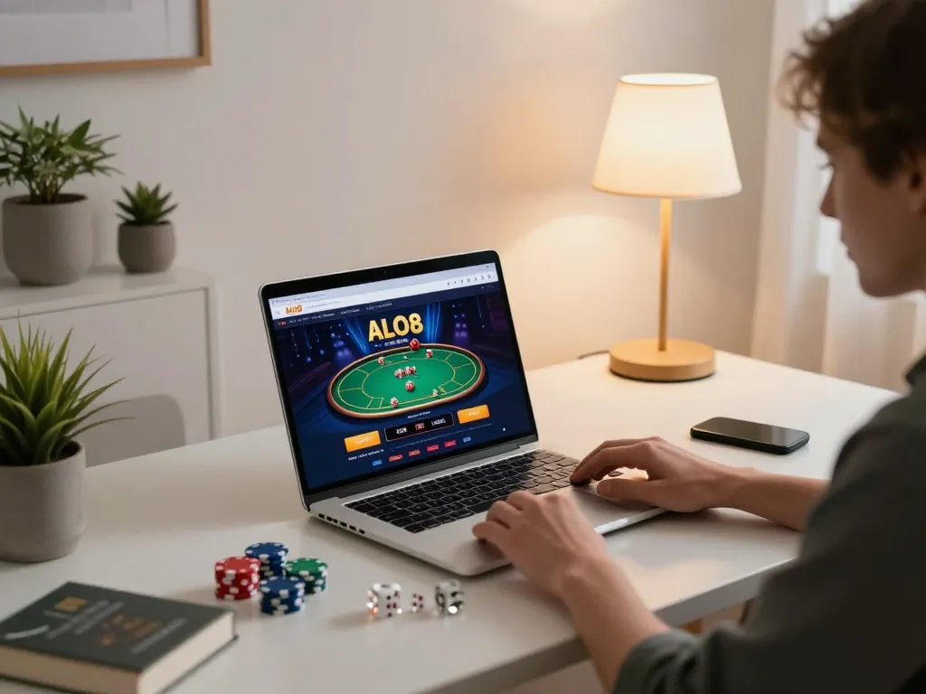 Playing poker on ALO8 from a cozy home setup, showcasing online casino experience.