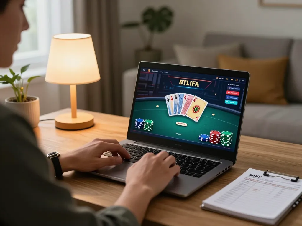 Person enjoying online poker at home with bong99, showcasing responsible gambling strategies.