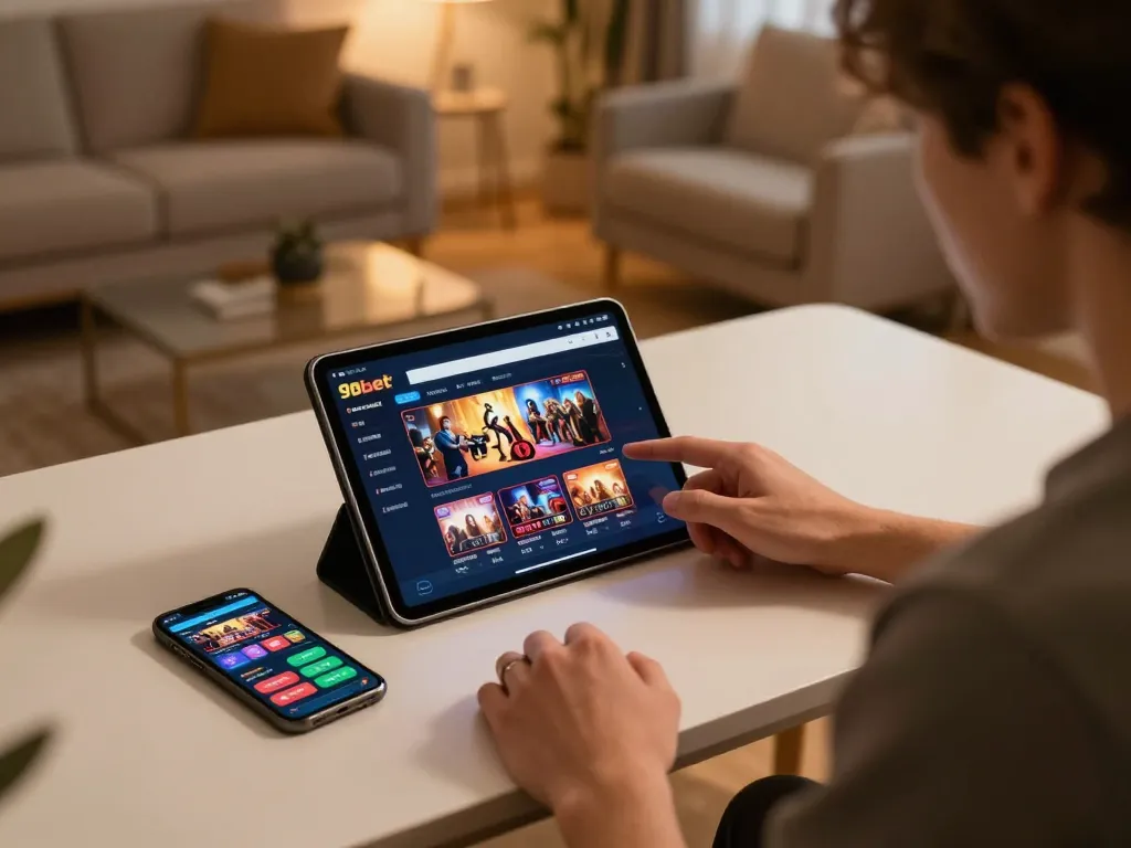 Engaging in gameplay on 9bet casino app while relaxing at home.