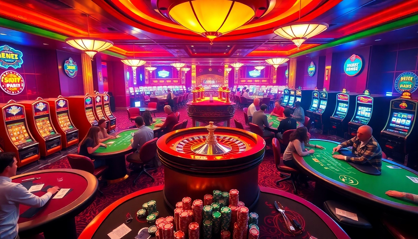 SODO casino highlights vibrant gambling tables with players engaged and spinning roulette wheel.