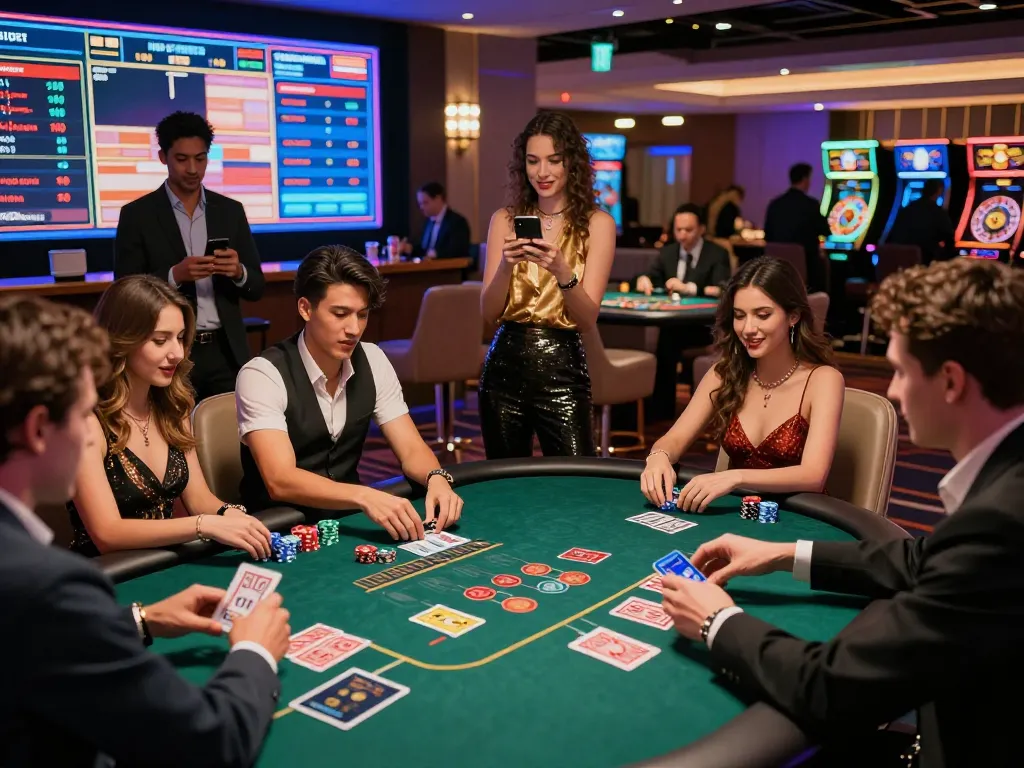 Friends enjoying a lively gambling experience at five88 casino with poker and roulette games.