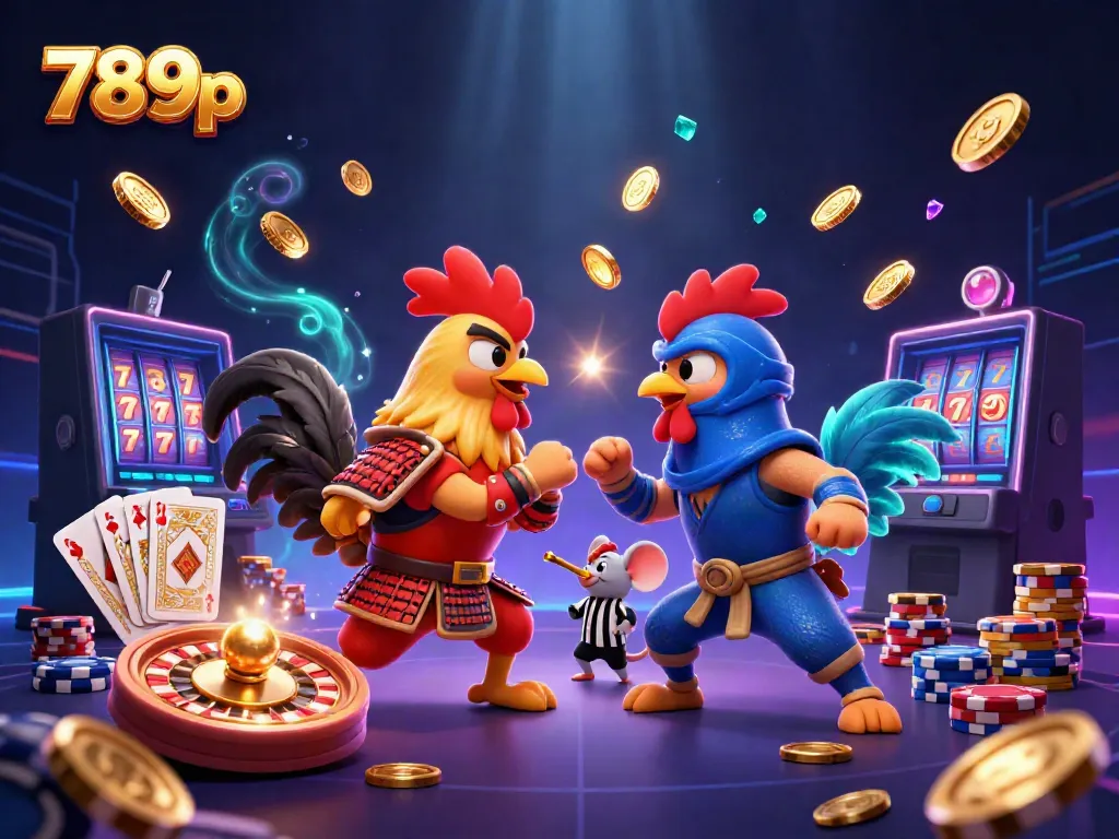 Experience thrilling action with 789p's roosters in a casino showdown amidst swirling coins and vivid game elements.