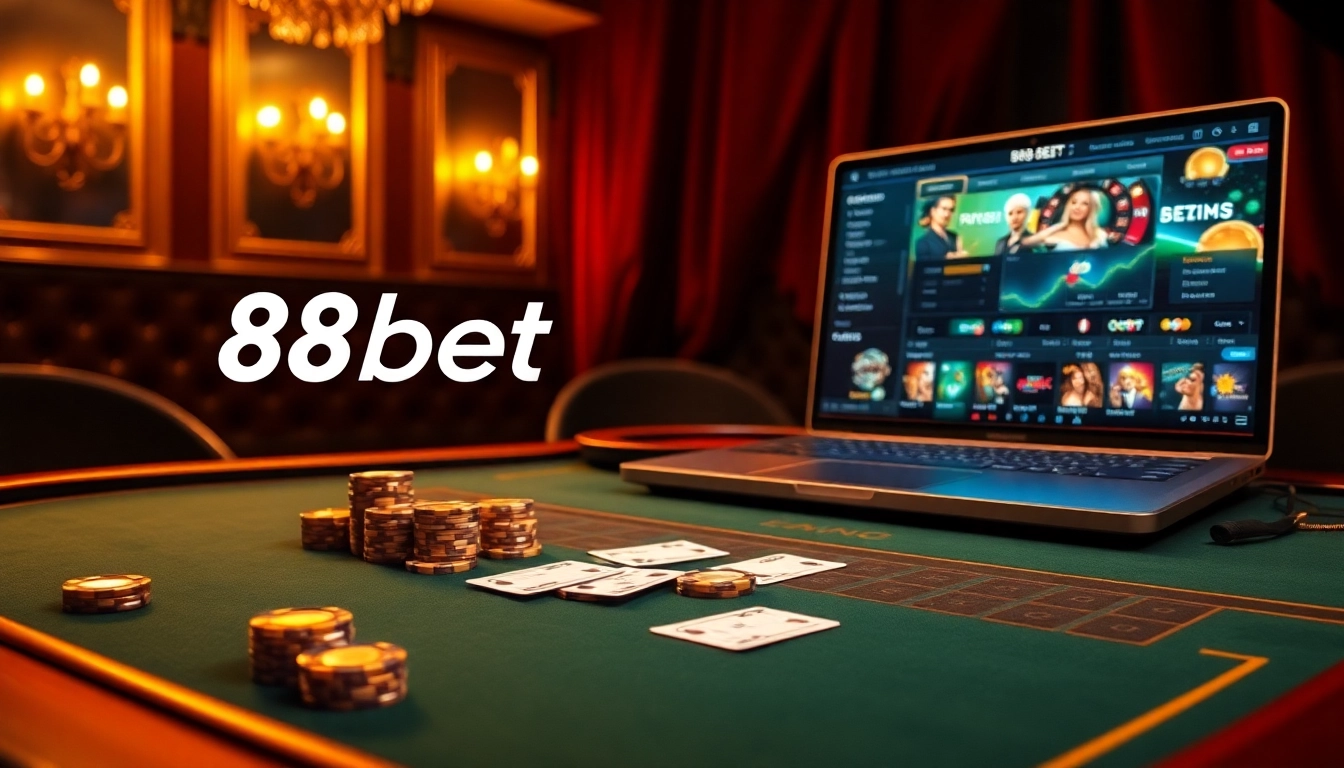 Engaging online gambling atmosphere showcasing 88bet with poker chips and virtual roulette.