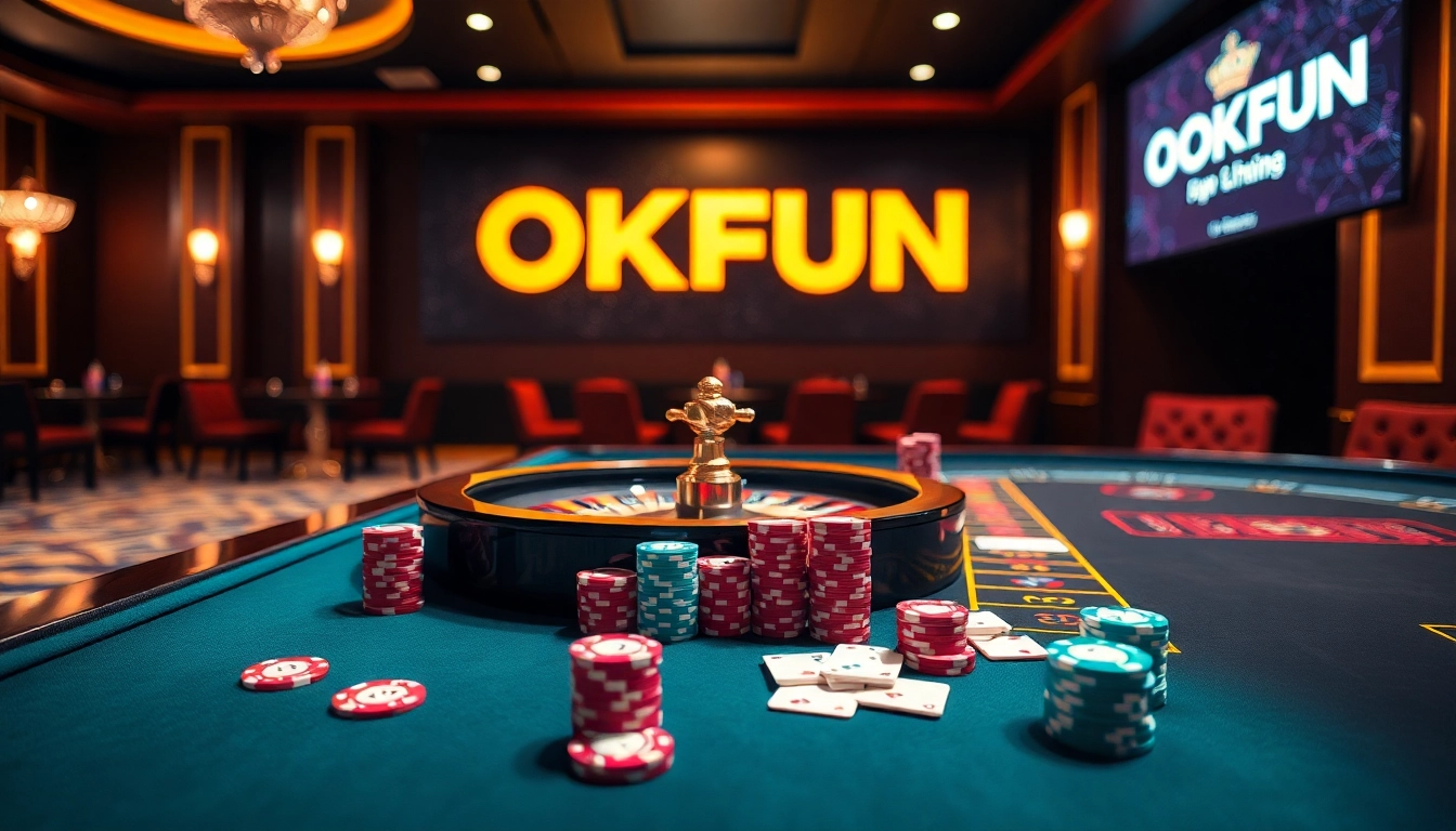 OKFUN logo displayed in a vibrant casino scene with poker chips and a roulette wheel.