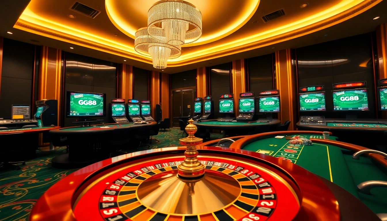 GG88 players enjoying a thrilling game at a luxurious casino table with dynamic visuals.