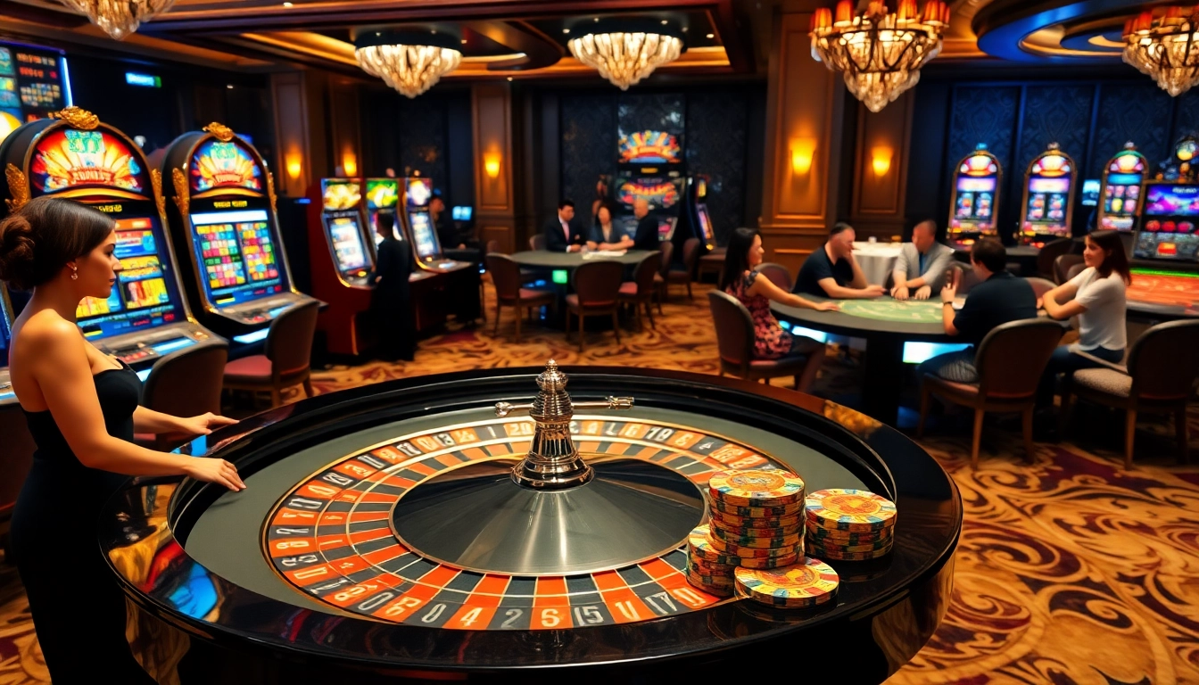 Experience thrilling gameplay at S8 casino with an elegant roulette table and vibrant slot machines.