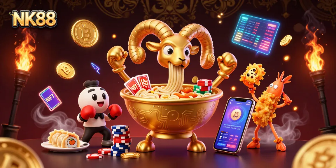 Engage with NK88's dynamic casino experience featuring playful characters and cryptocurrency elements.