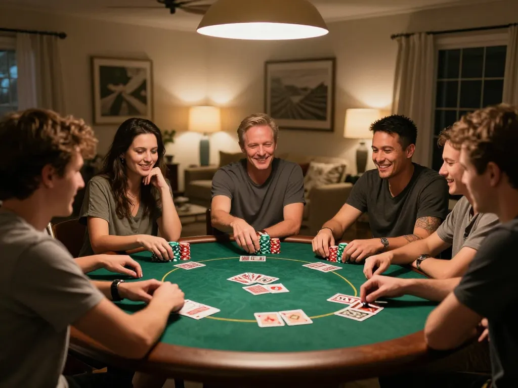 Friends enjoying a poker game at home, showcasing the hitclub gaming spirit with engagement and excitement.