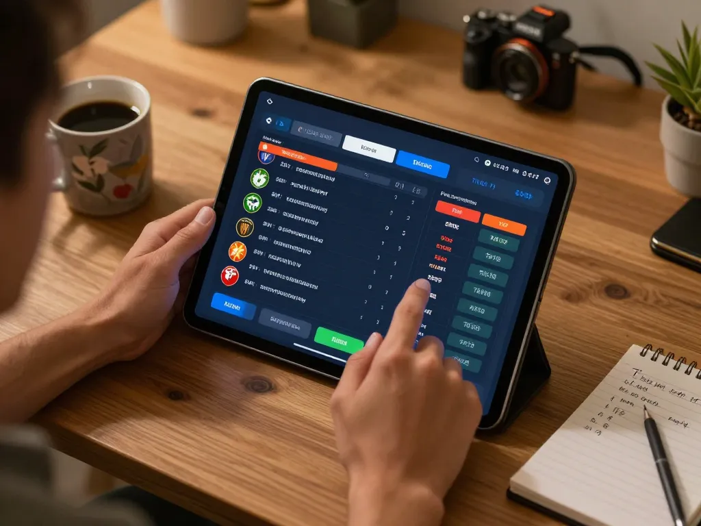Lu88 user engaging with sports betting app on tablet, showcasing strategic gameplay and analysis.