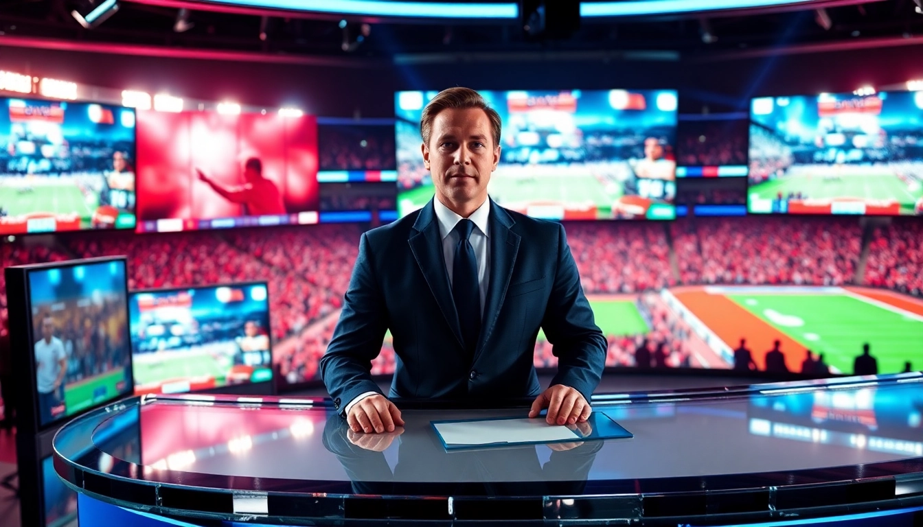 Engaging scene of sports broadcasting with an energetic anchor and vibrant stadium background.