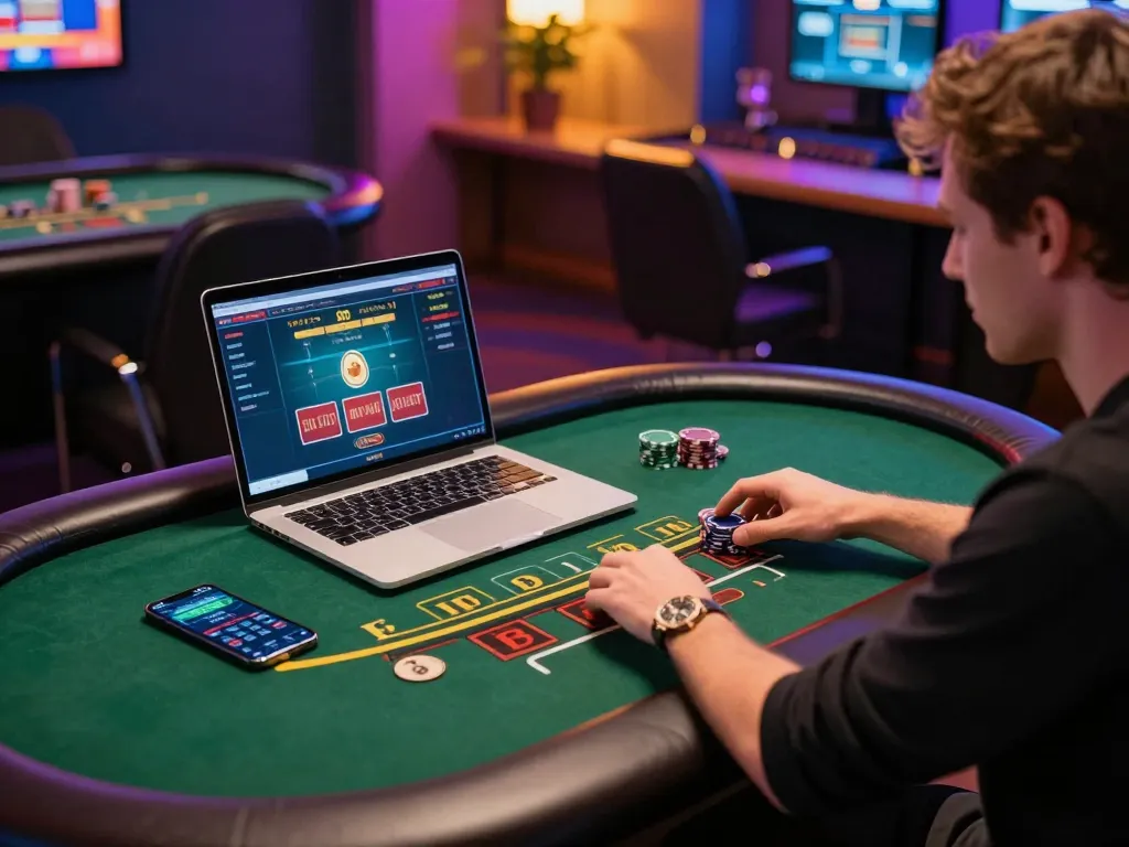 Engaging with LC88 online blackjack from a modern gaming setup, showcasing strategic play.