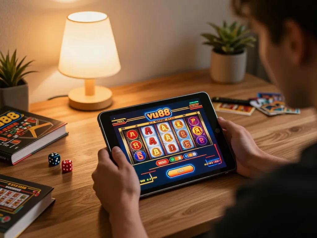 Player enjoying vu88 online casino games at home, focusing on slot gameplay and strategy