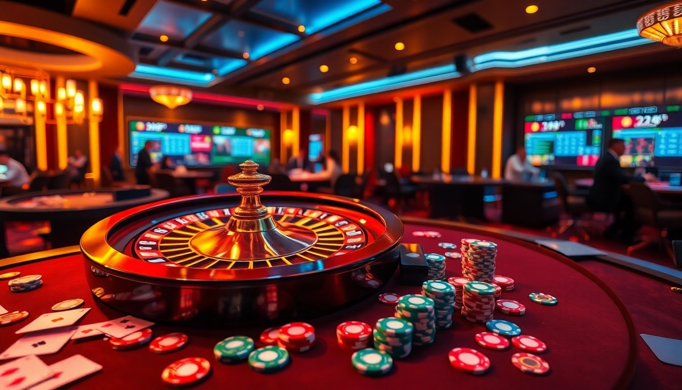 Exciting casino atmosphere at HT368 with vibrant poker chips and spinning roulette wheel.