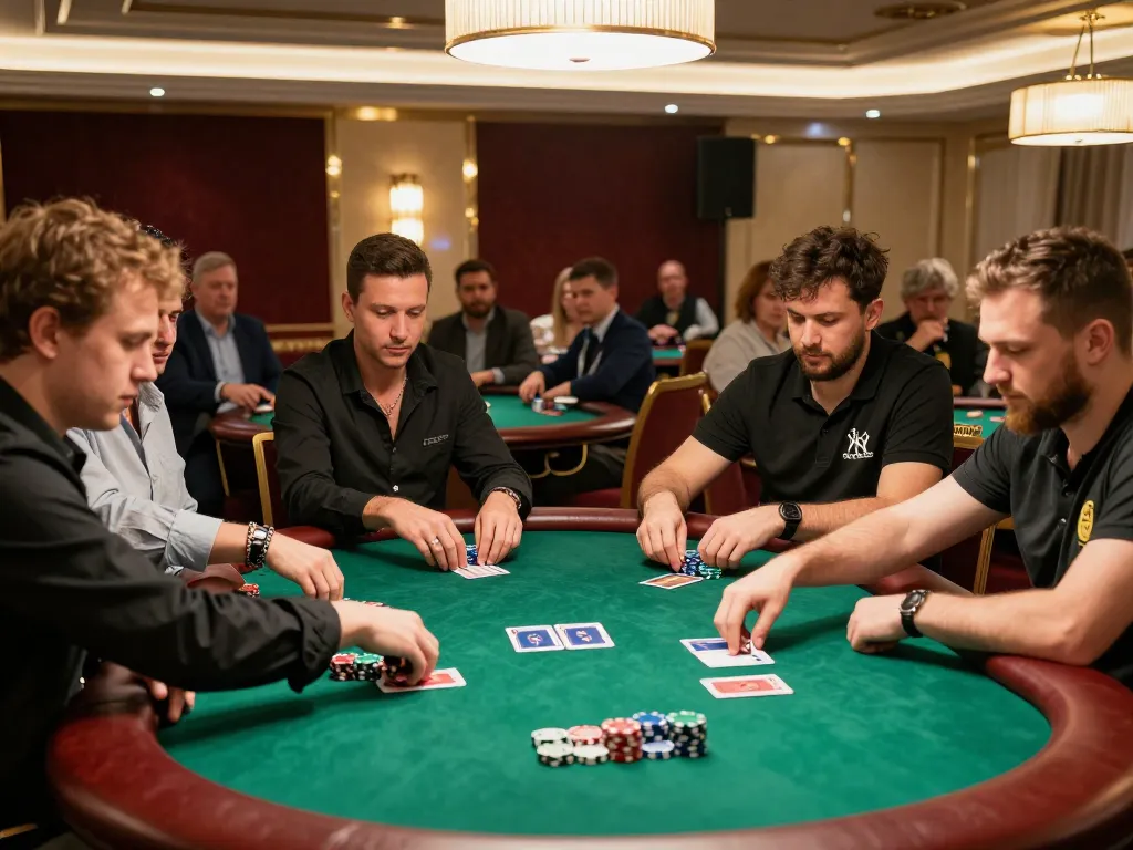 Players engage in an intense poker match at 388bet, showcasing strategy and skill.