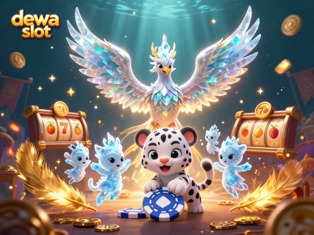 Permainan dewa slot memperlihatkan phoenix es dan puma salju di arena yang penuh warna.