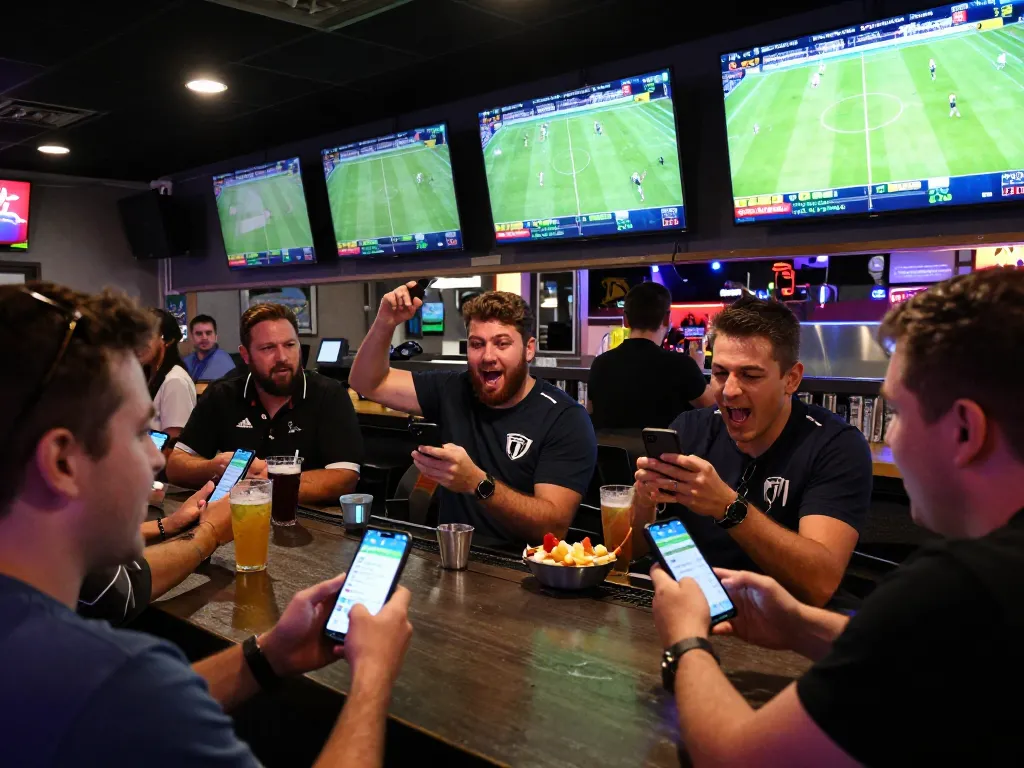 Engaging sports betting scene with Parlay Skor88 app in use during live football matches