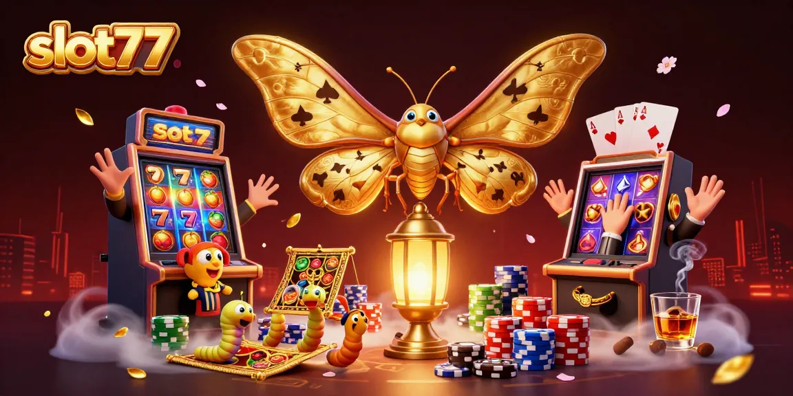 Engage in thrilling gameplay with slot77, featuring vibrant slot machines and a charismatic moth in a rich casino scene.