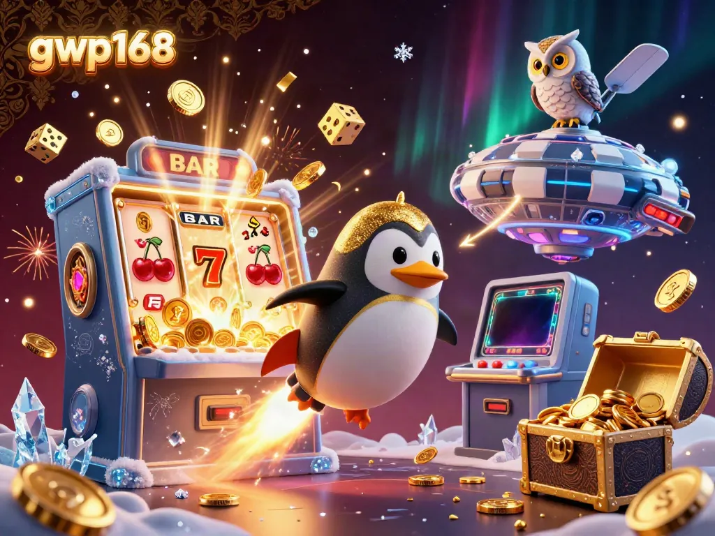 Permainan menarik di gwp168 dengan karakter penguin emas yang menghibur dan mesin slot yang mengeluarkan jackpot.
