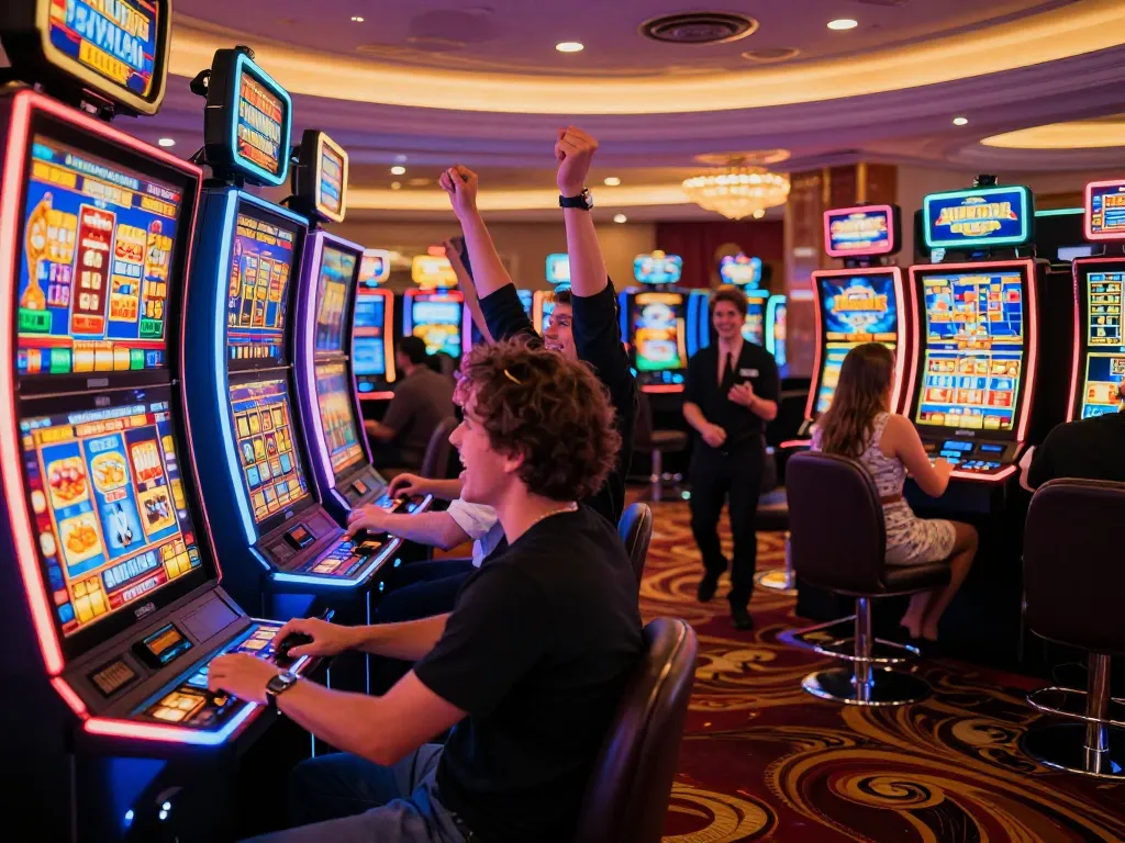 mb66 players celebrating a jackpot win at a vibrant casino slot machine area