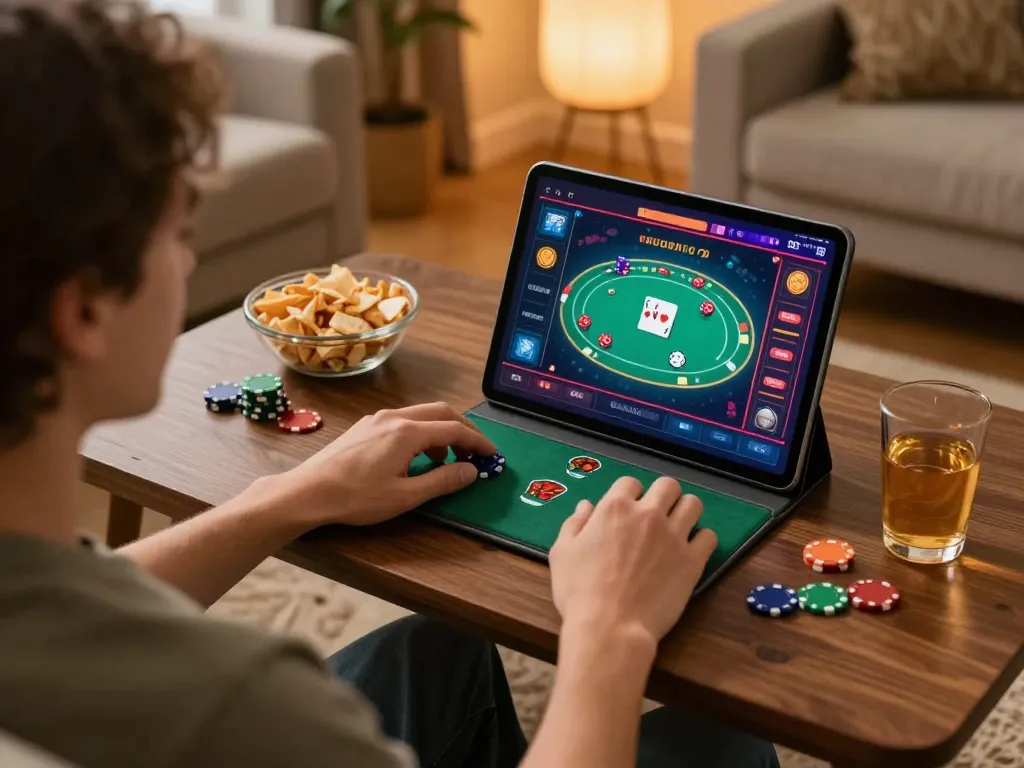 Engaging online gaming with 11win app on tablet in cozy home, promoting responsible gambling.