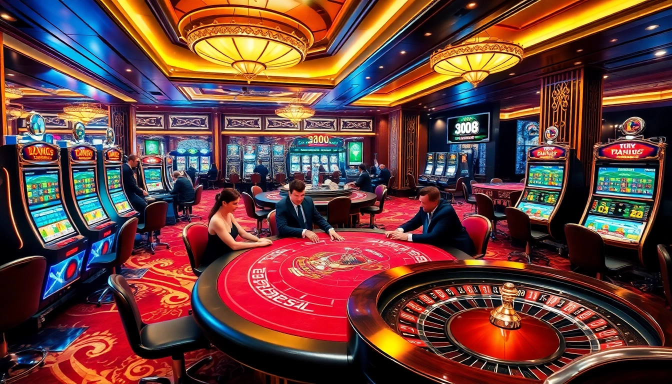 A dynamic scene of tg 88 gaming with players at a luxurious casino poker table and vivid slot machines.