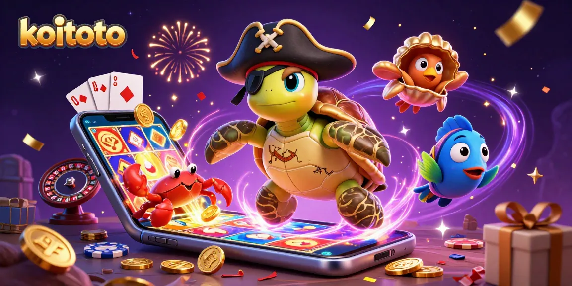 Koitoto enhances lottery excitement with a dynamic scene featuring pirate turtle, golden crab, and gaming elements.