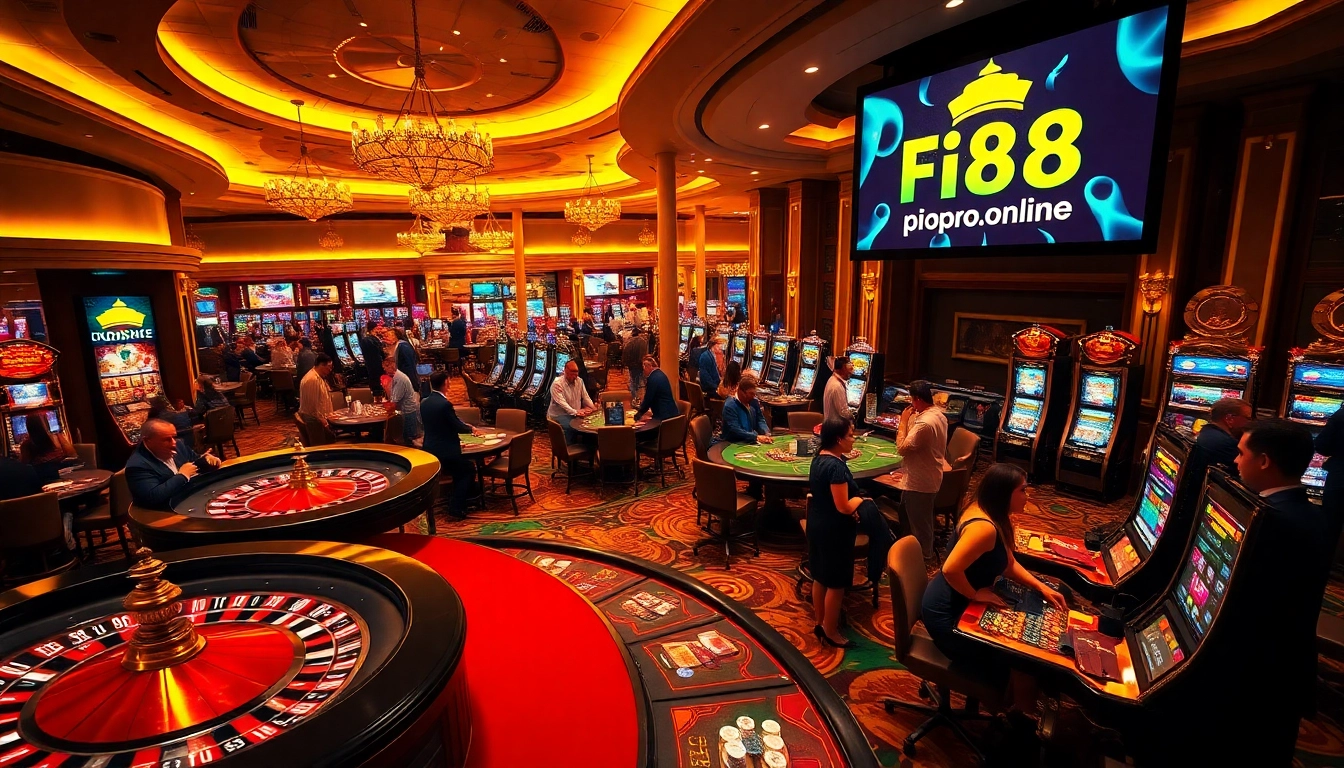 Players engaging in exciting casino games at fi88pro.online, showcasing poker chips and roulette wheels.