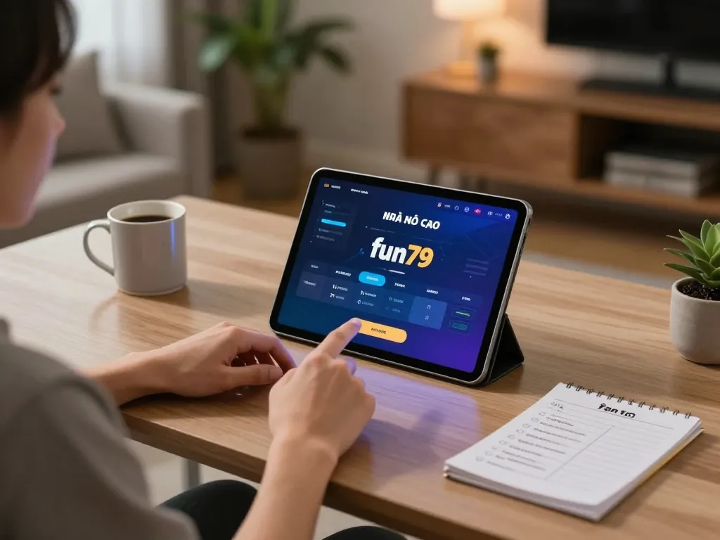 Person using nhà cái fun79 mobile app at home, engaging in strategic online gambling.