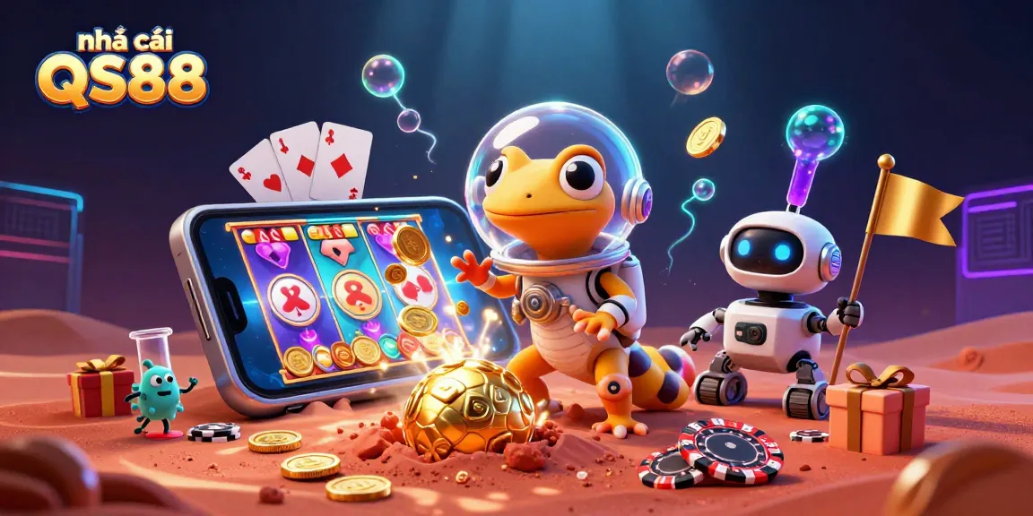 Experience thrilling games at nhà cái QS88, featuring golden casino treasures and vibrant slot machines.