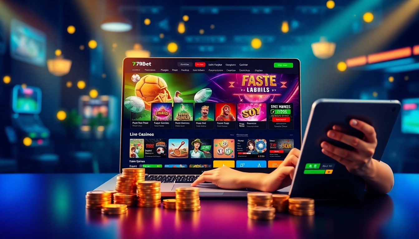 Engaging scene of a user interacting with the 789bet online gambling platform, showcasing a variety of games and a modern interface.