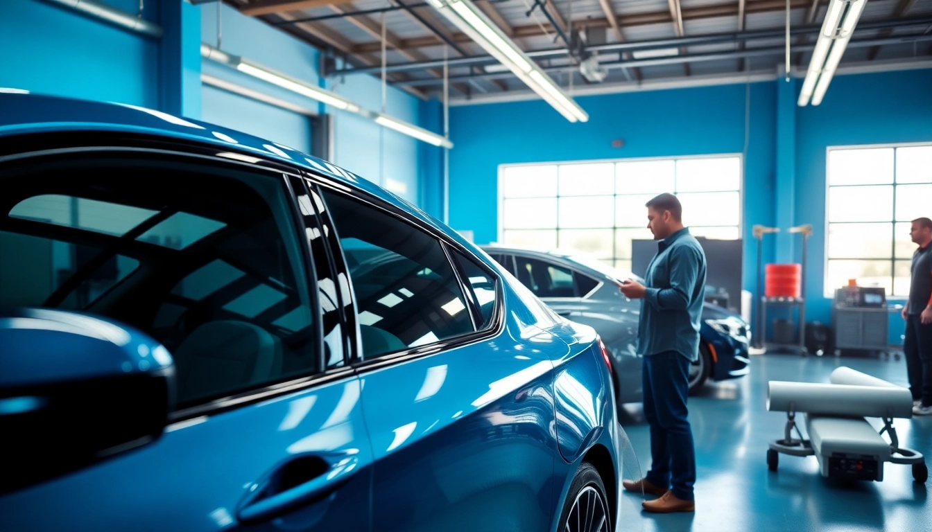 Enhance visibility with our auto window tint near me service, displaying skilled installation in a bright workshop.