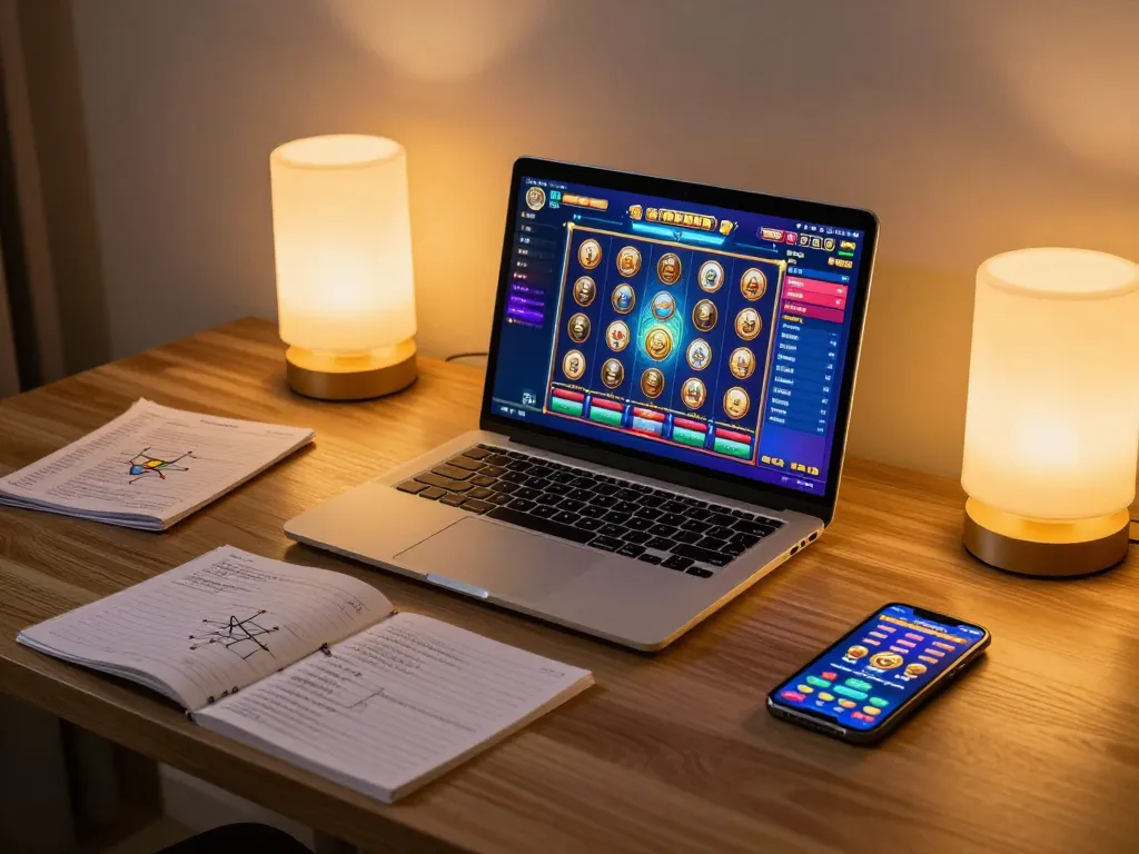 Playing slot games online at home with a laptop showing exciting gameplay and betting strategies.