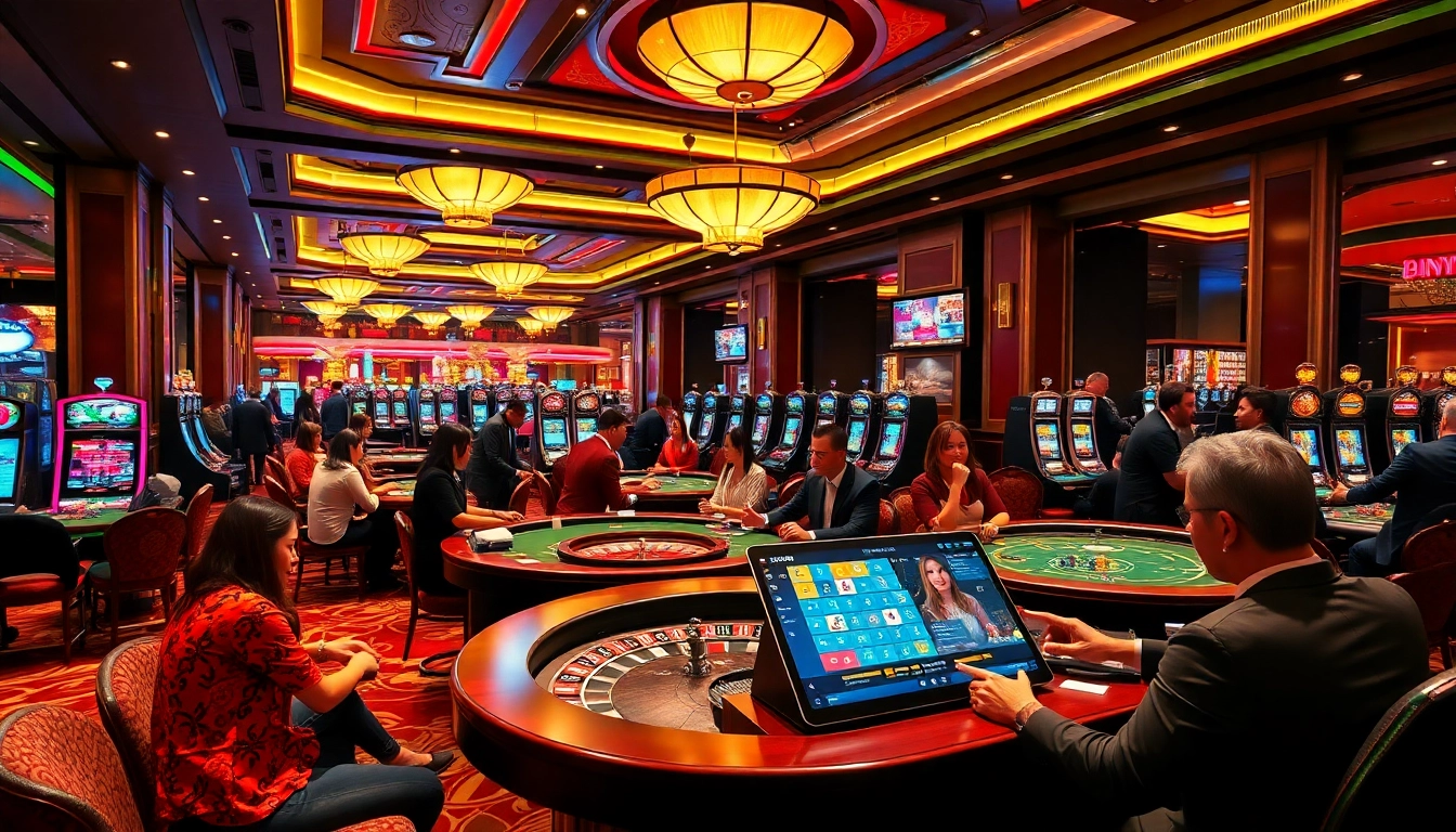 Experience thrilling gameplay at SKY88 with vibrant casino activities and slot machines.