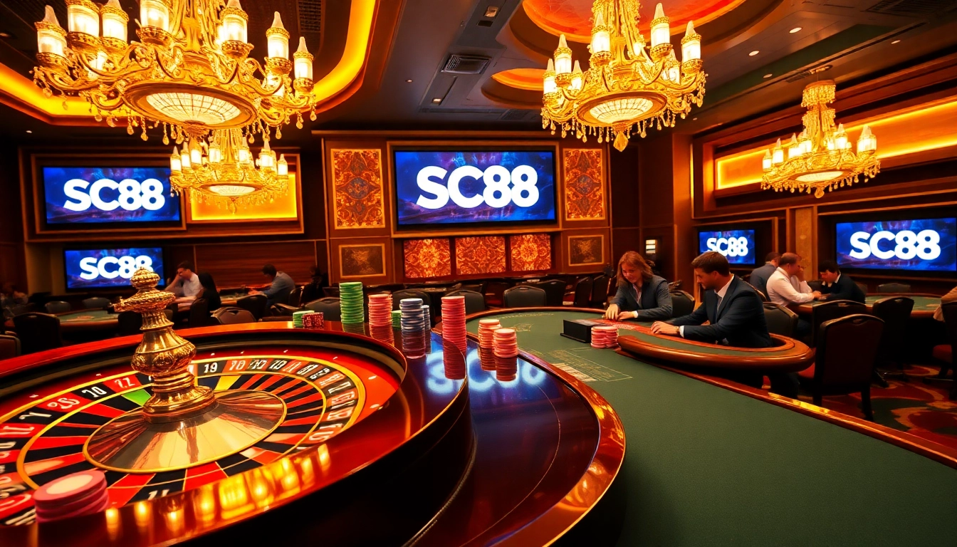SC88 energizes the casino scene with players at a blackjack table, showcasing vibrant colors and high stakes.