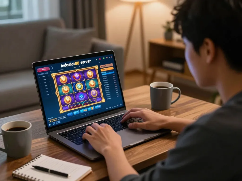 Engaging with the indoslot88 server thailand while playing a vibrant online slot game from home, showcasing focused gaming ambiance.