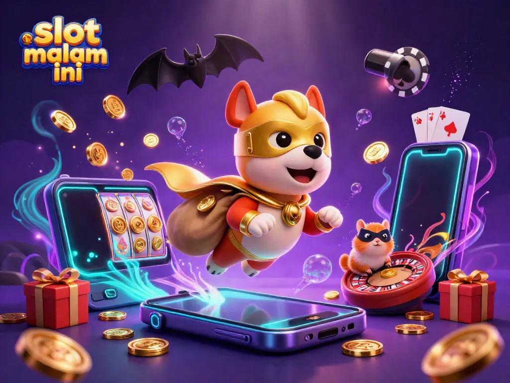 Visualisasi "slot gacor malam ini" dengan anjing superhero berjuang memegang koin emas dan permainan slot yang menggiurkan.