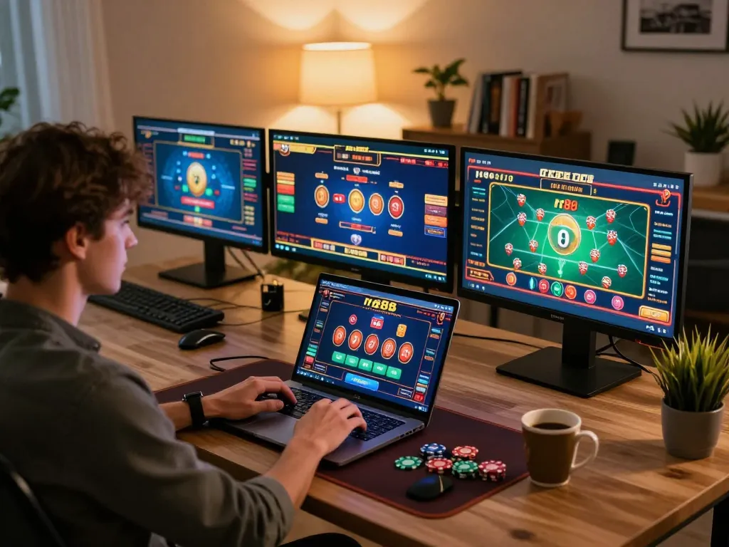 Engaging home gaming setup featuring rr88 online casino gameplay with a person focused on their laptop, showing immersive gaming atmosphere.