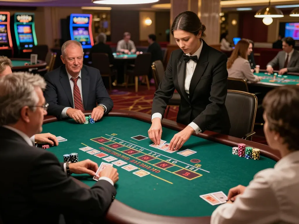 Vin88 players strategizing during an exciting blackjack game at a luxury casino table.