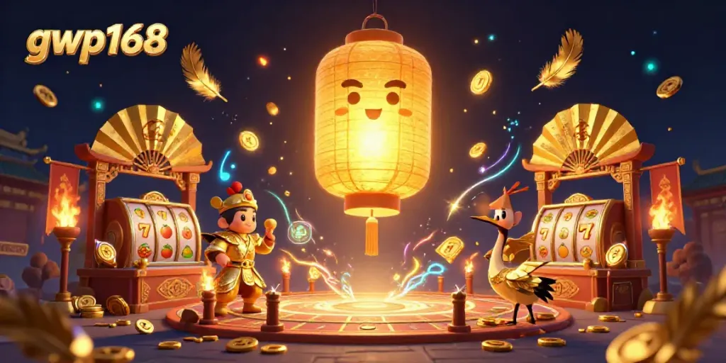 GWP168 menampilkan suasana kasino malam yang magis dengan lampion emas bersinar dan elemen permainan slot yang menarik.