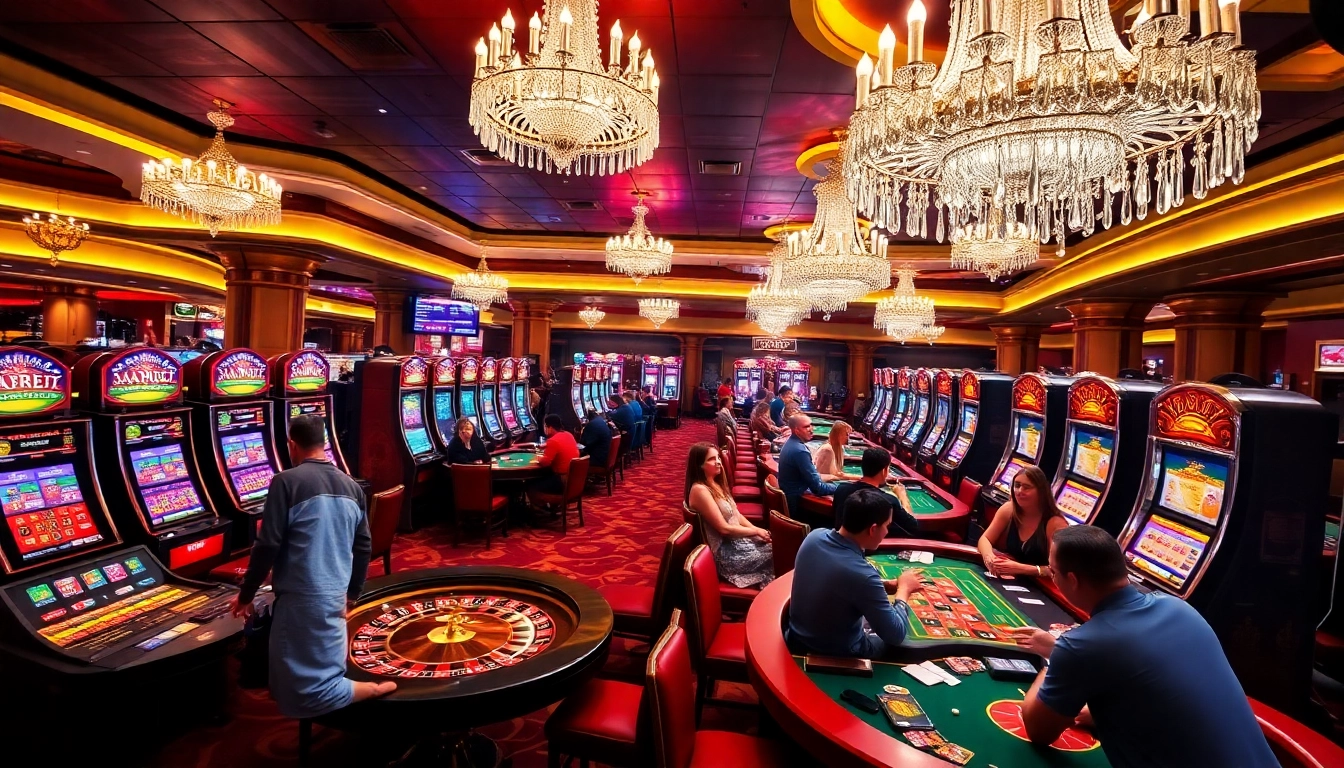 Players enjoying thrilling games at 789win casino, showcasing vibrant slot machines and poker tables.