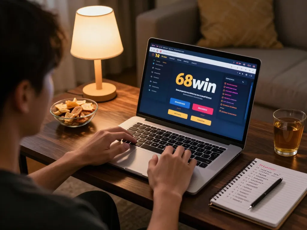Engaging with 68win online betting platform in a cozy home setup