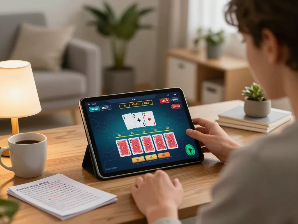 Player strategizing with dash88 online blackjack game on tablet at home, cozy atmosphere