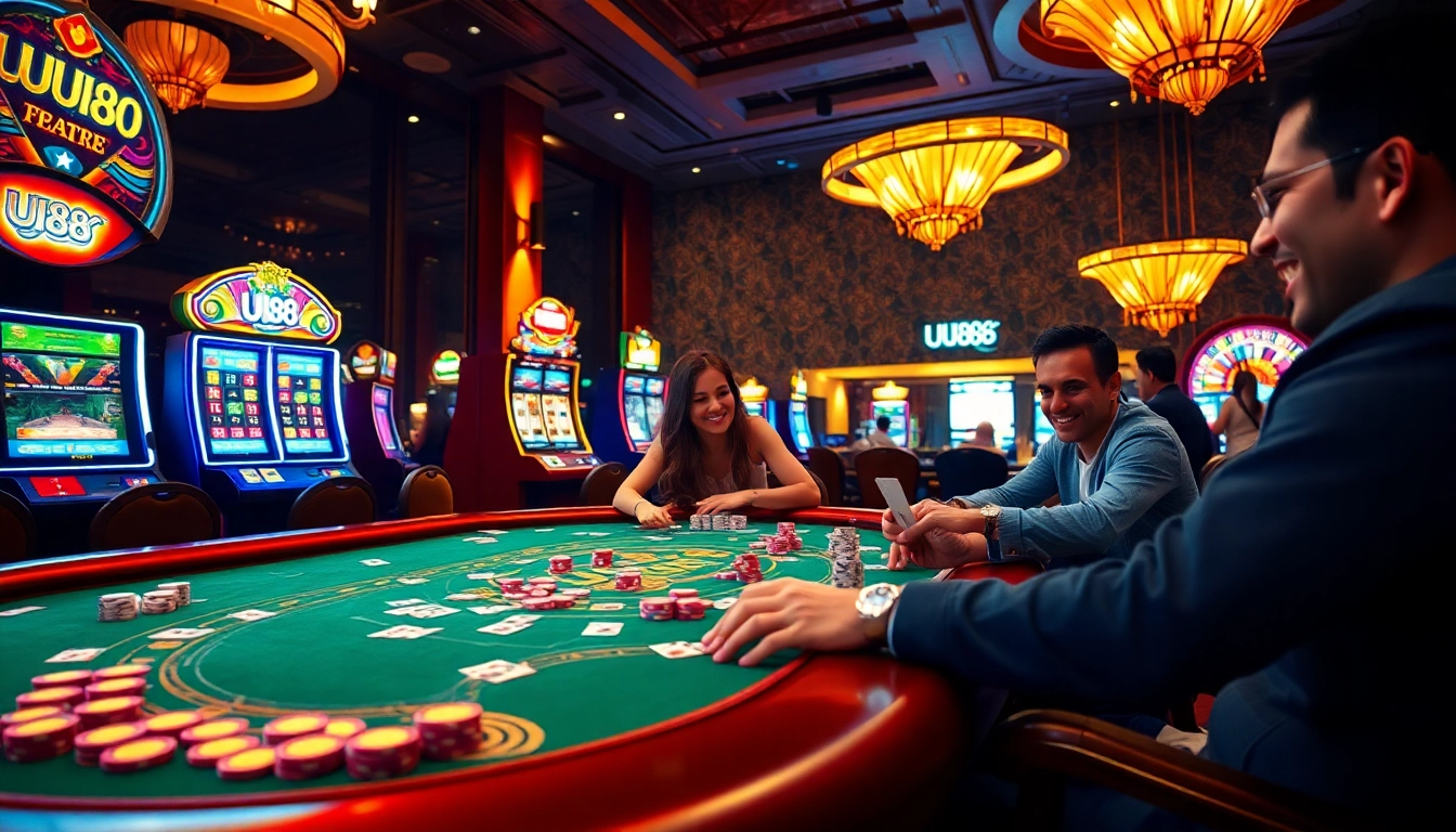 Exciting scene of gamblers playing poker at uu88 casino table with colorful chips and cards.