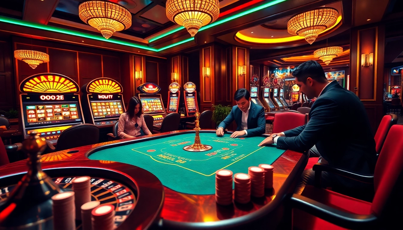 Players enjoying a thrilling poker game at OPEN88's luxurious online casino, showcasing vibrant visuals and excitement.