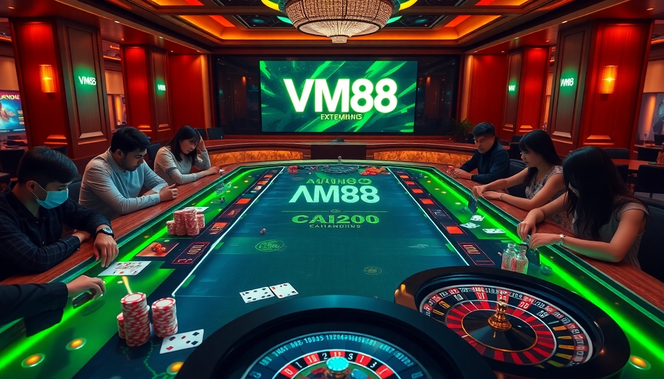 Experienced players placing strategic bets on VM88 digital poker and roulette tables in a luxury casino setting