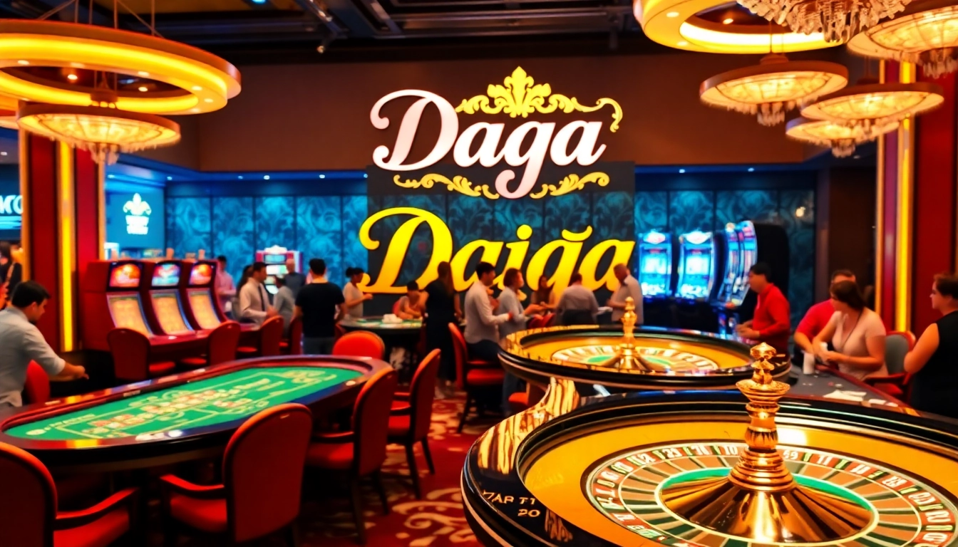 Daga casino scene featuring vibrant gaming tables and excited players in a luxurious atmosphere.