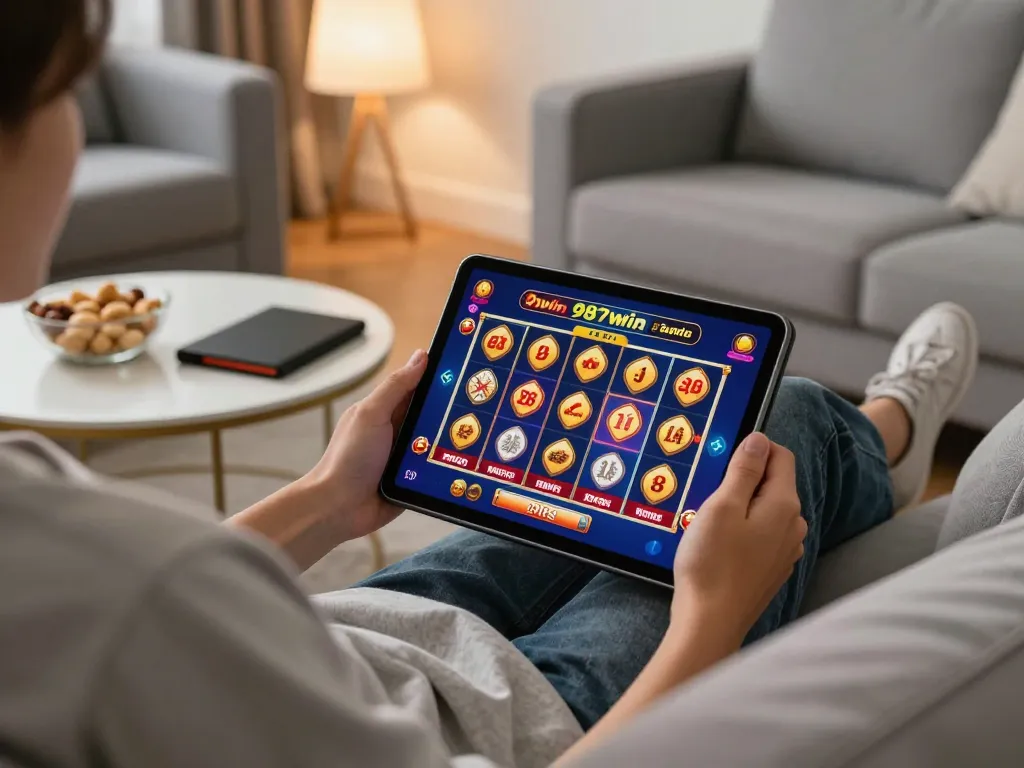 Engaging online gaming experience with 98win on a tablet in a cozy home setting.