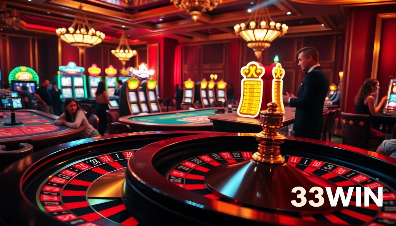 Experience the thrill of 33WIN as players place bets at a luxurious casino table surrounded by excitement.